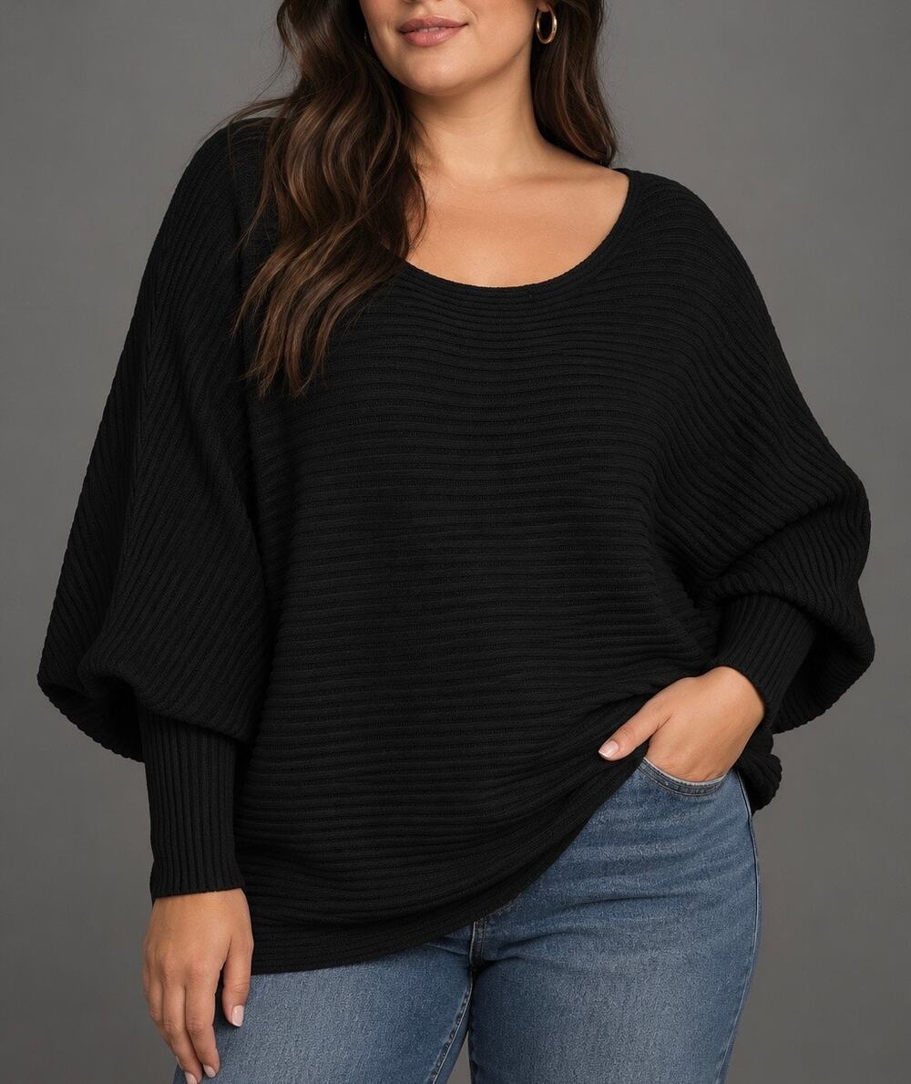 Anthropologie Black Ribbed Batwing Dolman Sleeve Scoop Neck Sweater 3X